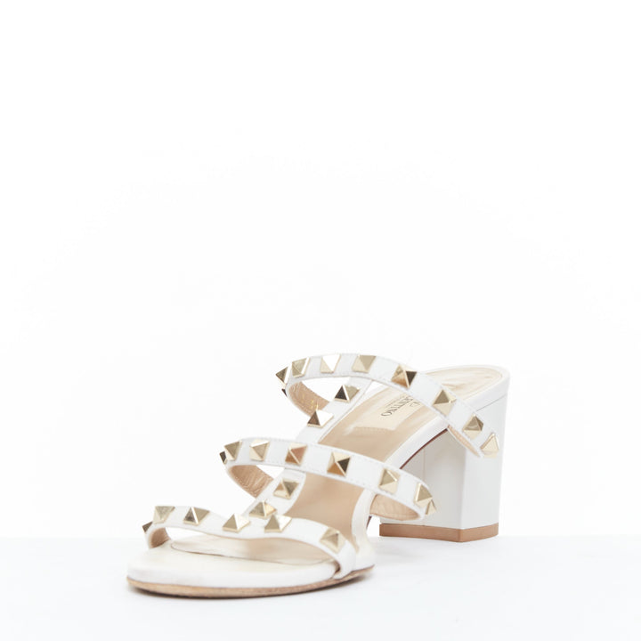 VALENTINO Rockstud 60 white leather gold stud caged block sandals EU39