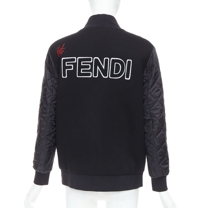 FENDI Karlito black modal blend fur trim quilted bomber jacket IT38 XS