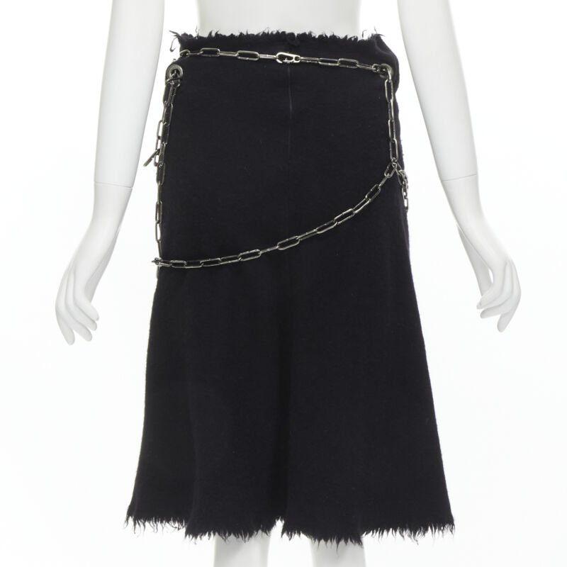 Runway JUNYA WATANABE 2003 black boiled wool frayed punk chain midi skirt S