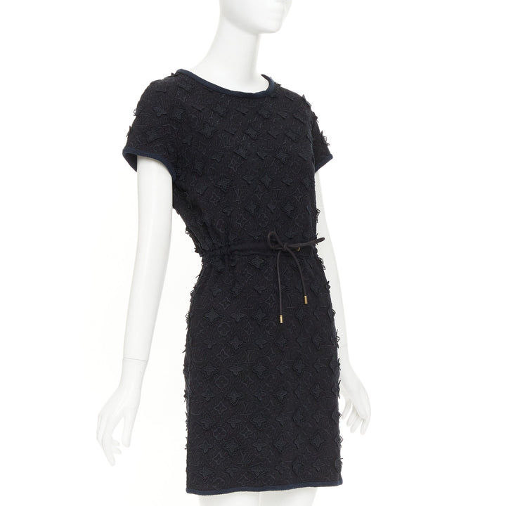 LOUIS VUITTON black LV logo monogram raised lace drawstring short dress XS