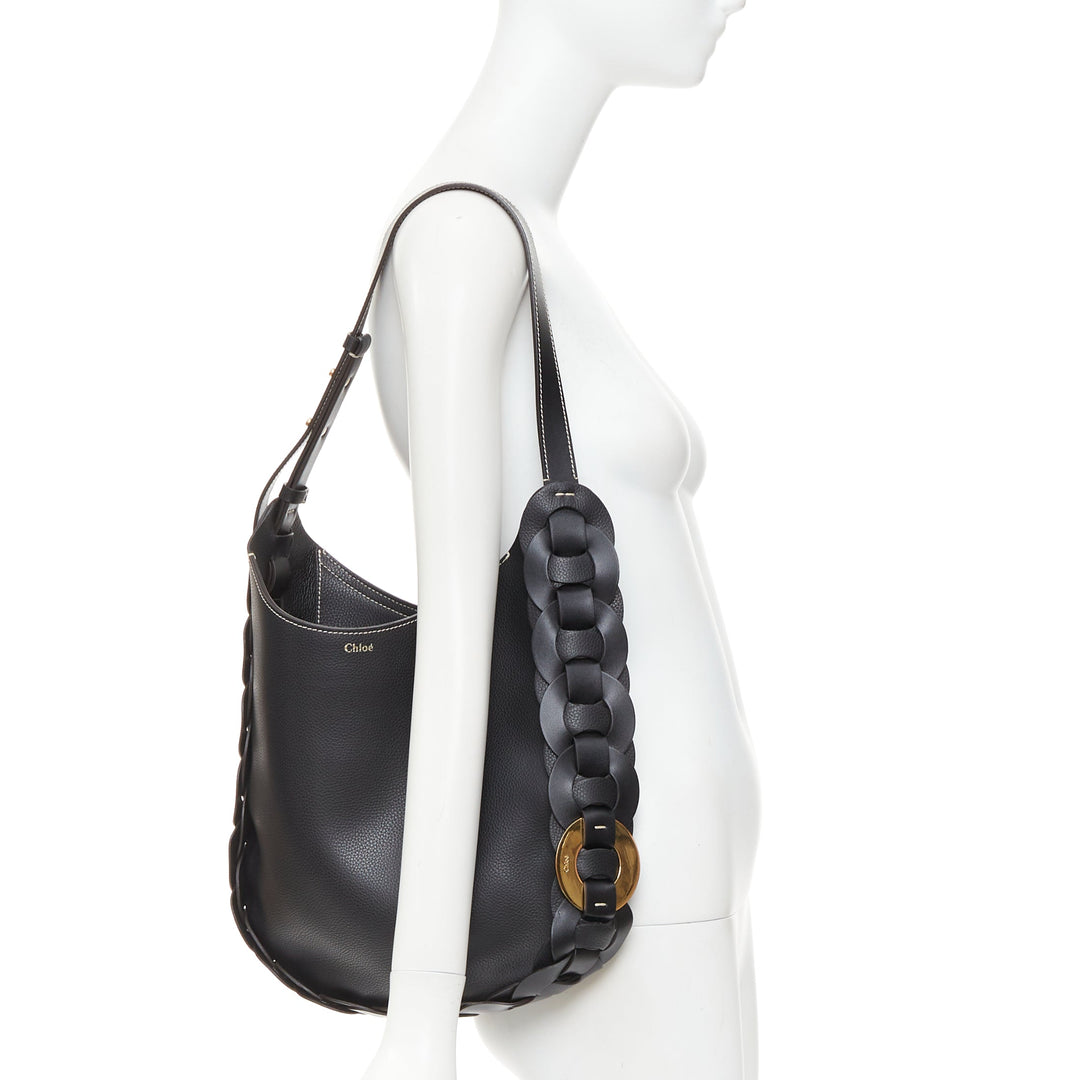 CHLOE Darryl Hobo black pebbled leather braided side shoulder bag