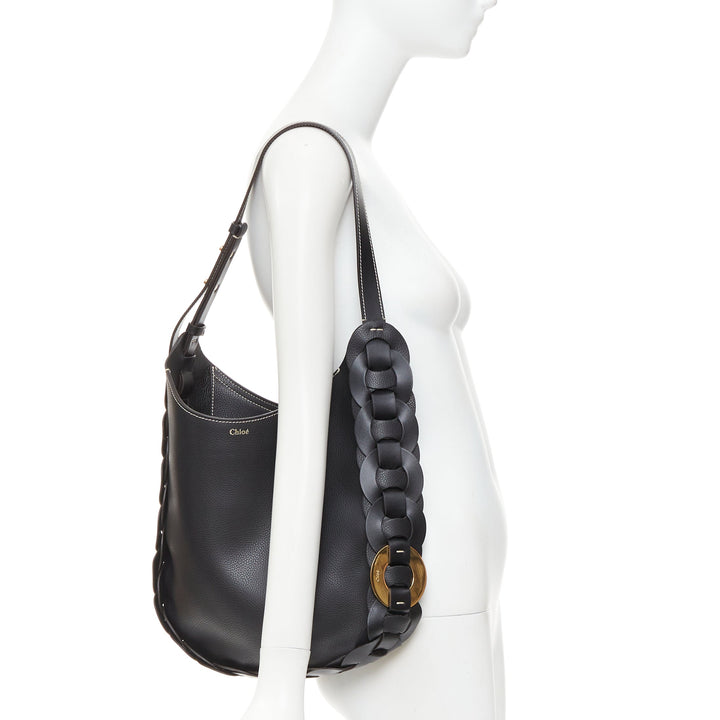 CHLOE Darryl Hobo black pebbled leather braided side shoulder bag