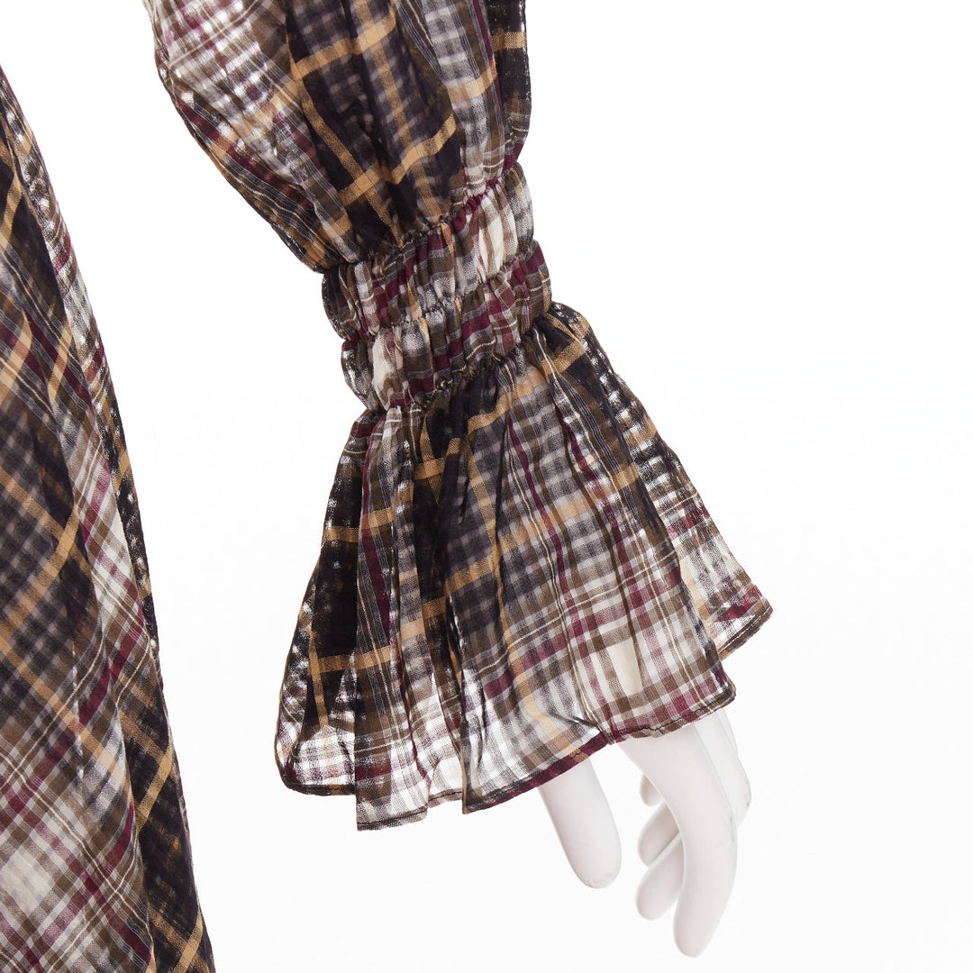 BEAUFILLE brown cotton silk check sheer ruched neck sleeves peasant dress US0 S