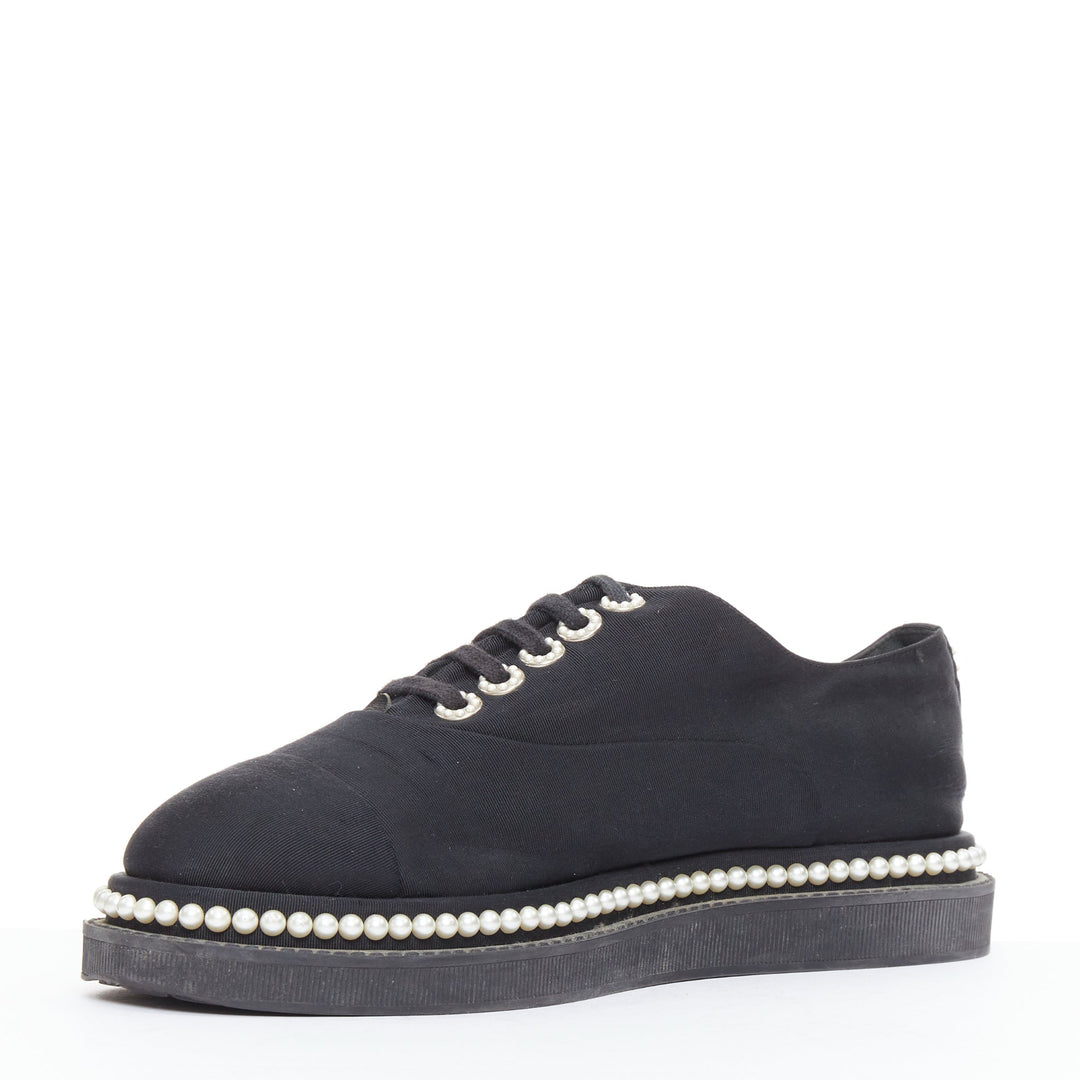 CHANEL black monochrome fabric faux pearl lace up derbies EU37.5