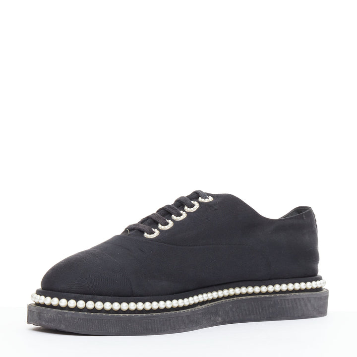 CHANEL black monochrome fabric faux pearl lace up derbies EU37.5