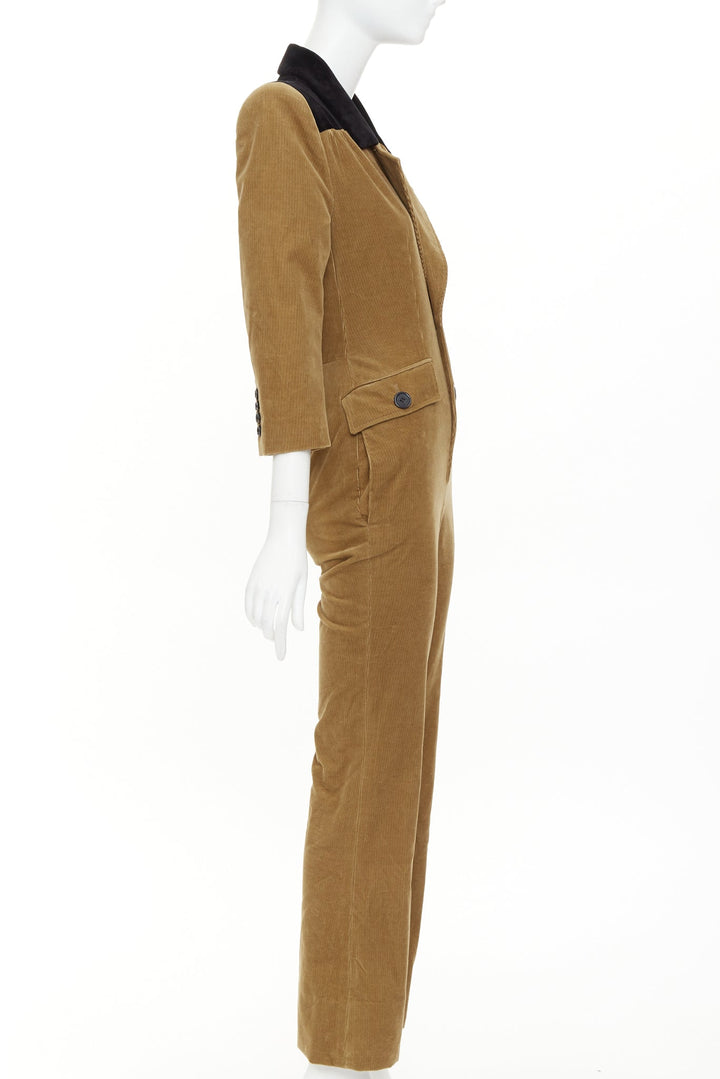 SAINT LAURENT 2022 Runway peak lapel brown cotton corduroy black jumpsuit FR34