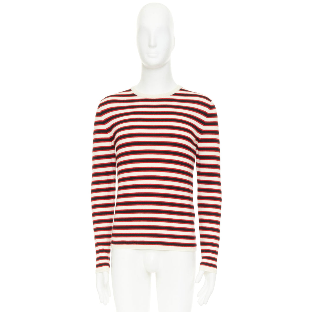 SAINT LAURENT 2018 cream red black 100% virgin wool horizontal striped sweater S