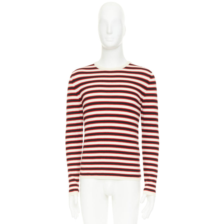 SAINT LAURENT 2018 cream red black 100% virgin wool horizontal striped sweater S