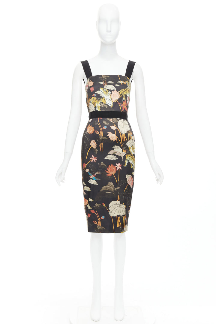 ETRO 2020 black brown water lily tiger print sheath dress IT38 XS