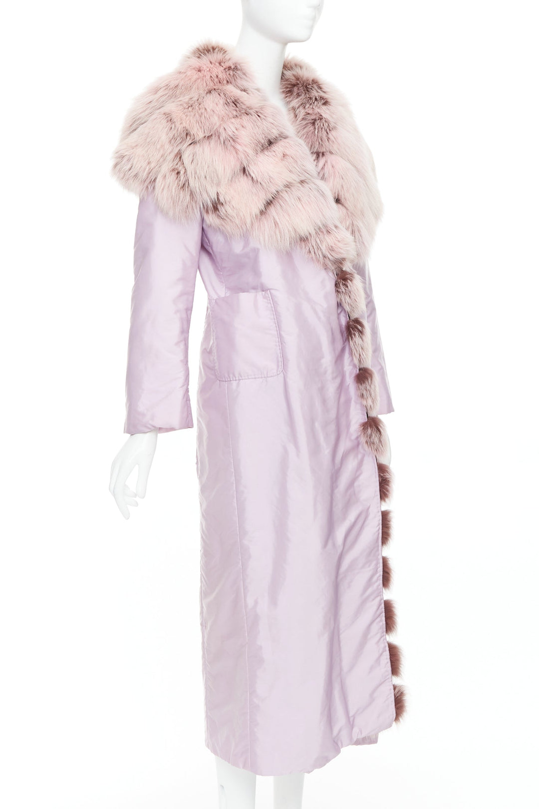 ERMANNO SCERVINO pink fur collar purple nylon wool lined robe coat IT38 XS