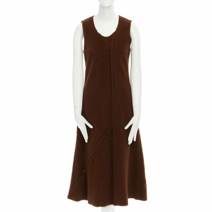 COMME DES GARCONS 1993 brown reversed seam fuzzy plush wool midi dress M