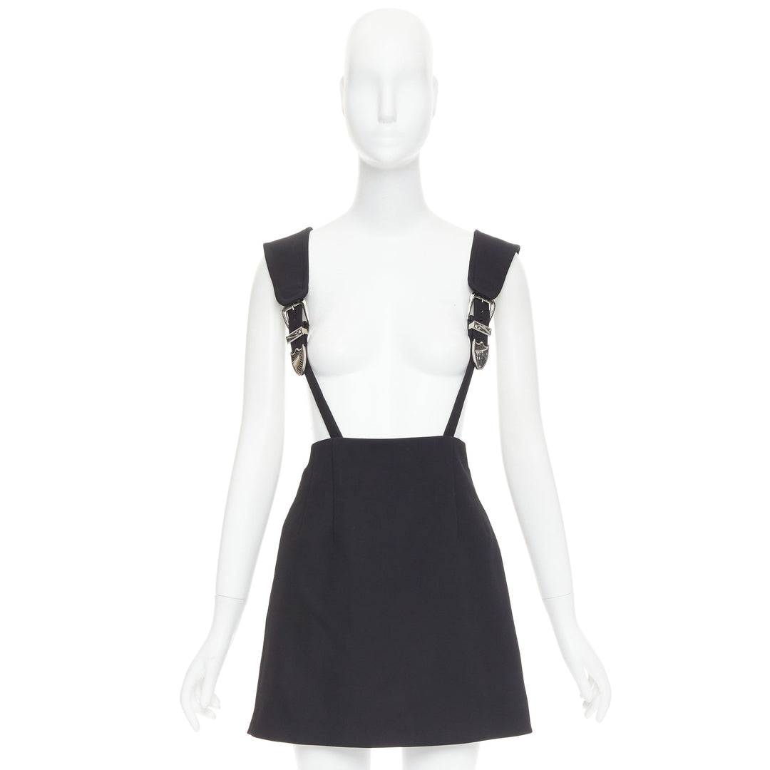 TOGA ARCHIVES Twill black leather western silver buckles suspender skirt FR36 S