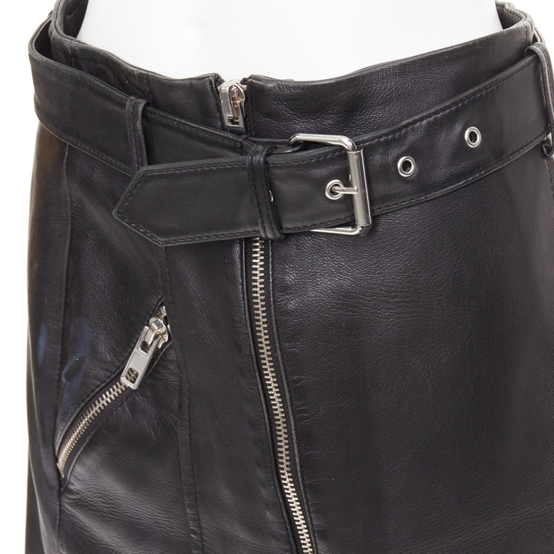 CLAUDIE PIERLOT black soft leather zip belted pocketed biker mini skirt FR36 S