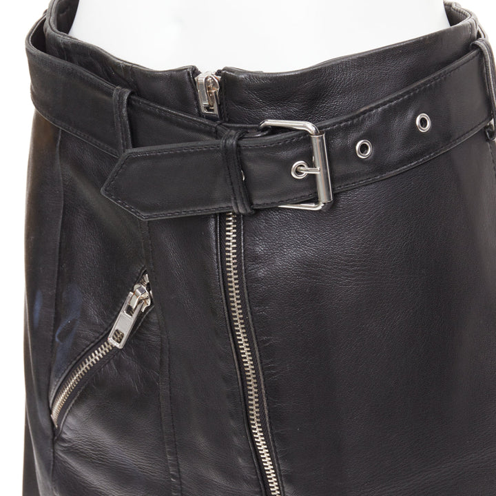 CLAUDIE PIERLOT black soft leather zip belted pocketed biker mini skirt FR36 S