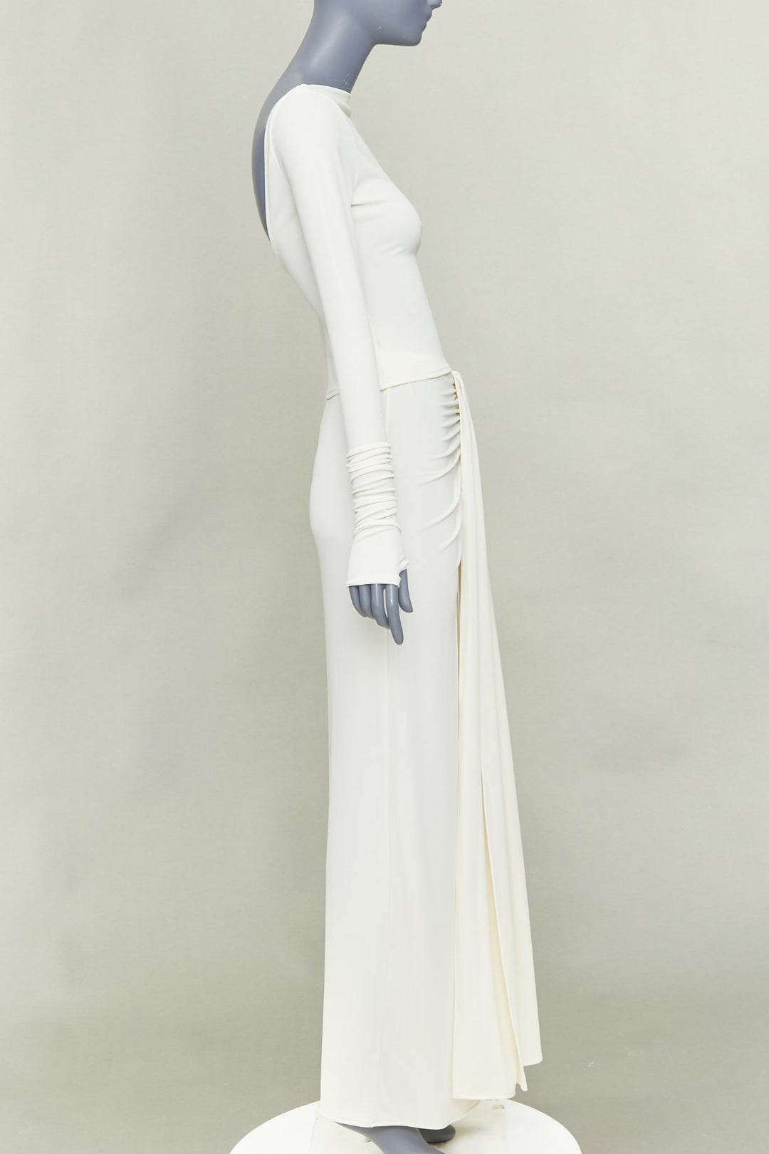 HELSA 2023 ivory matte jersey boatneck backless top draped wrap skirt set XS