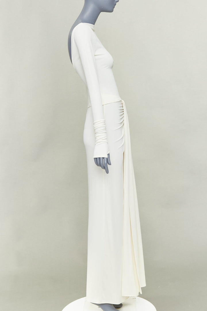 HELSA 2023 ivory matte jersey boatneck backless top draped wrap skirt set XS