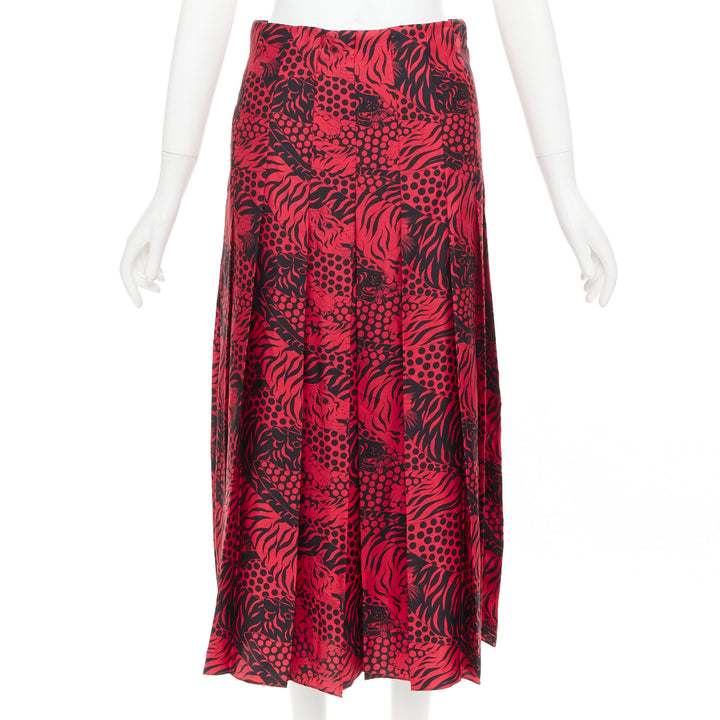 GUCCI 2018 Michele black red 100% silk tiger print pleated midi skirt IT38 XS