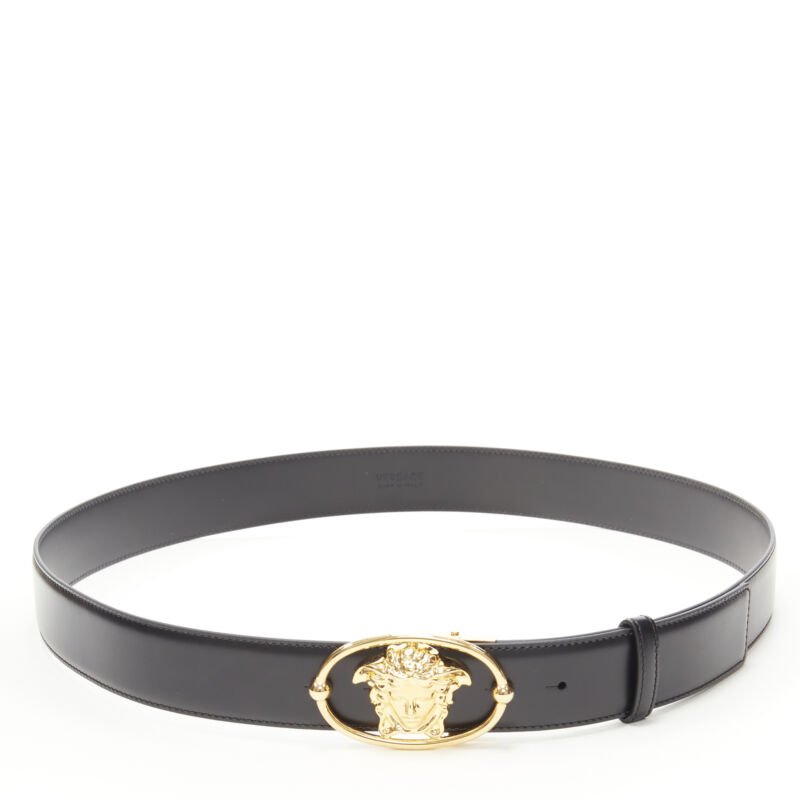 VERSACE La Medusa Insignia gold oval buckle black leather belt 100cm 38-42"