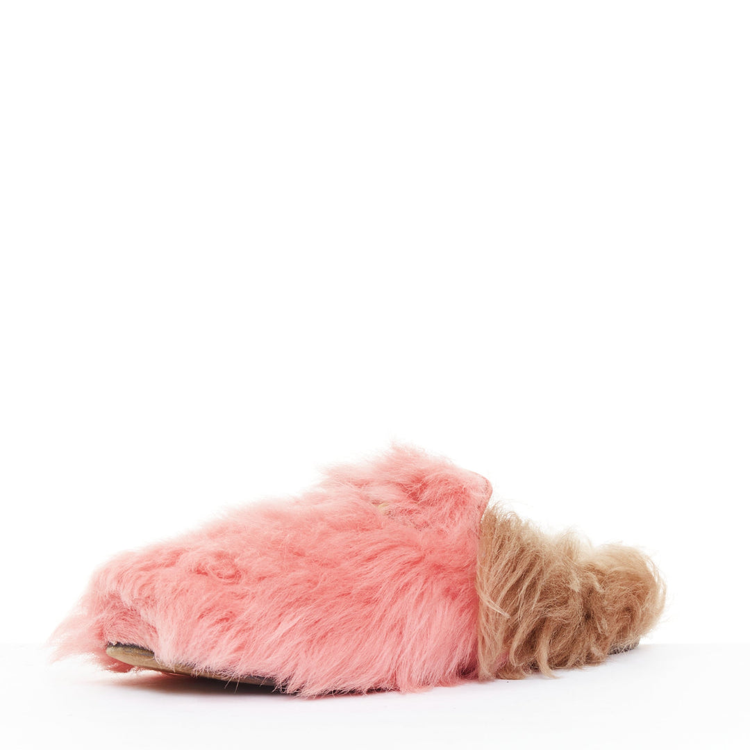 GUCCI Princetown pink brown  fluffy fur gold horsebit slip on loafer mule EU36