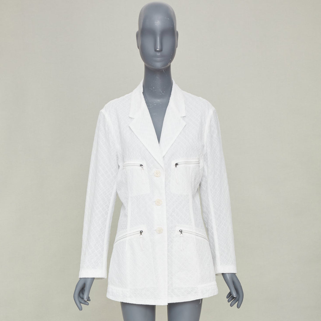 ISSEY MIYAKE Vintage white lattice grid stitch zippered pocket cotton jacket L