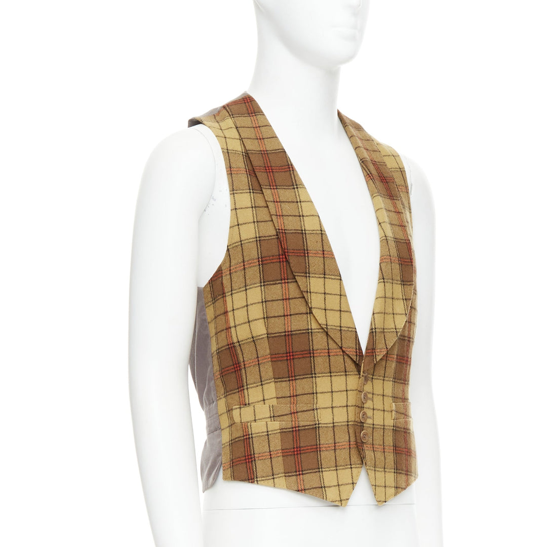 DRIES VAN NOTEN brown red plaid 100% wool shawl collar waistcoat IT48 M