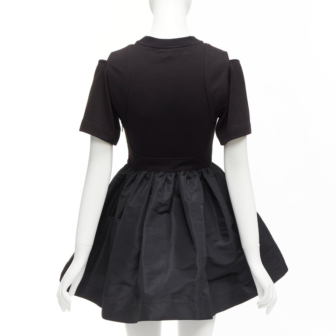 ALEXANDER MCQUEEN black cold shoulder fit flared taffeta skirt dress IT36 XXS