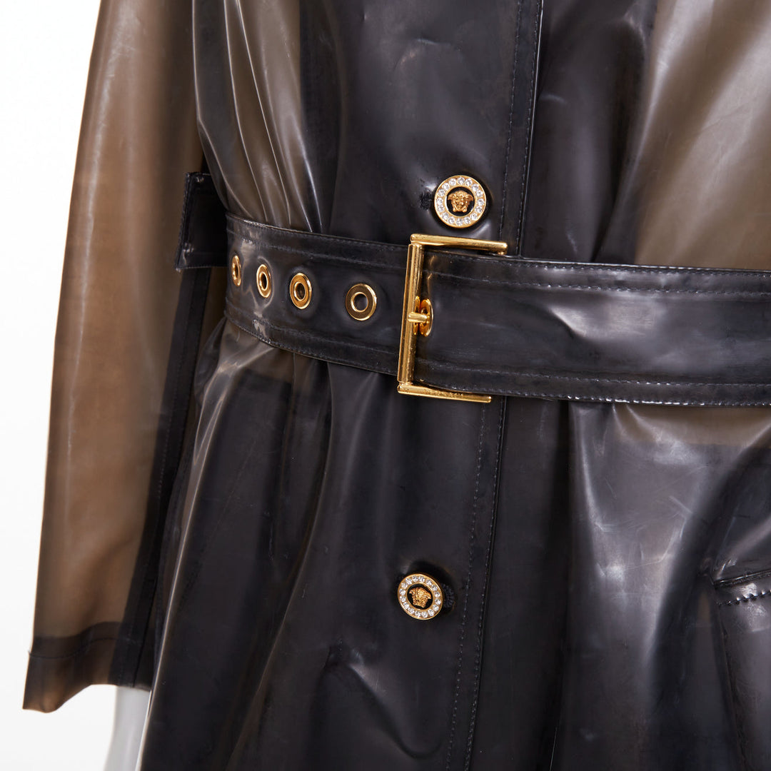 VERSACE 2019 black transparent latex pvc crystal single breasted coat EU38EU38
