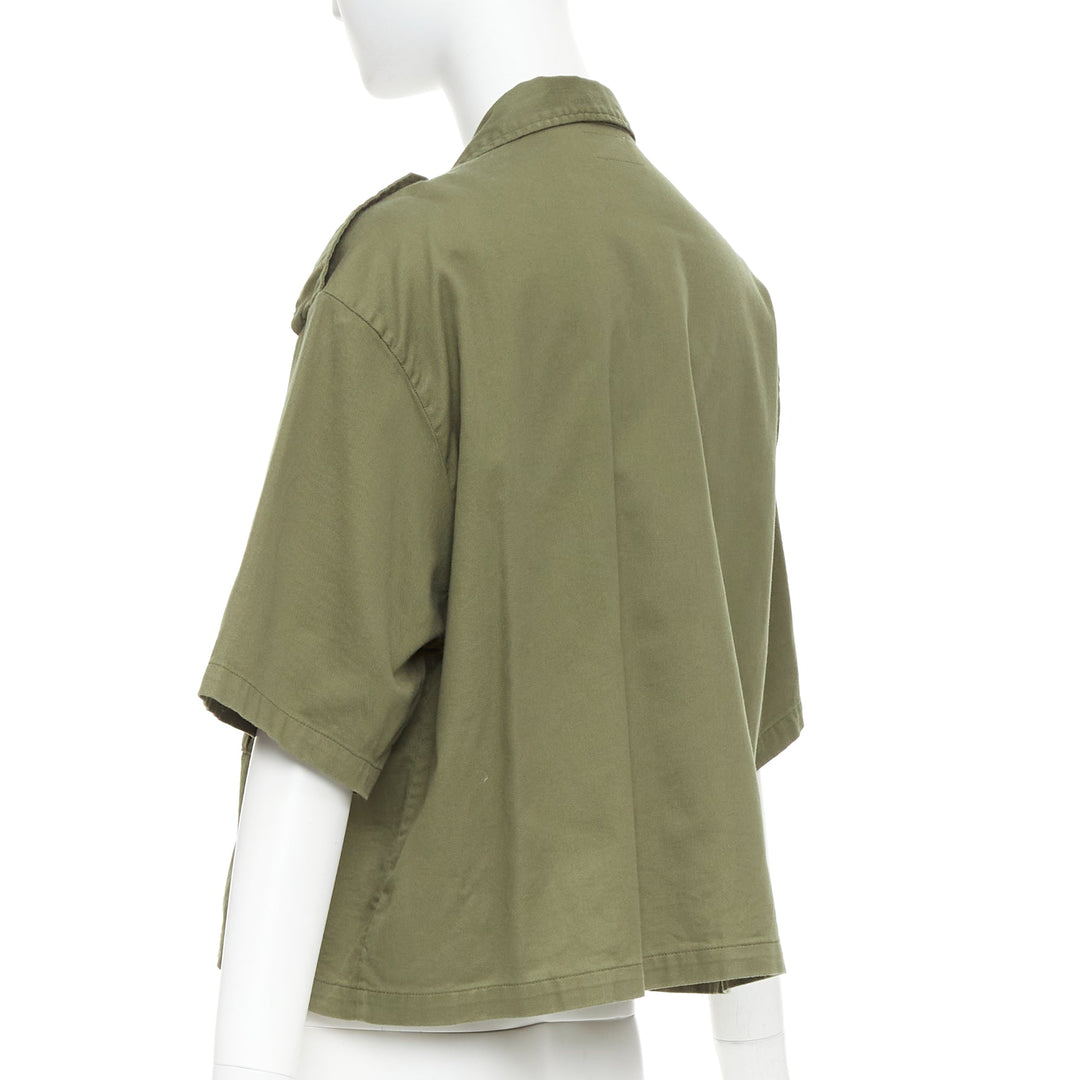 CELINE khaki green cotton gold Triomphe button military cropped shirt FR36 S