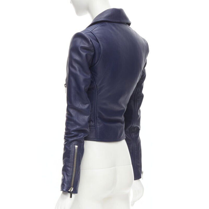 BALENCIAGA 2014 dark blue lambskin leather cropped fit biker jacket FR34 XS