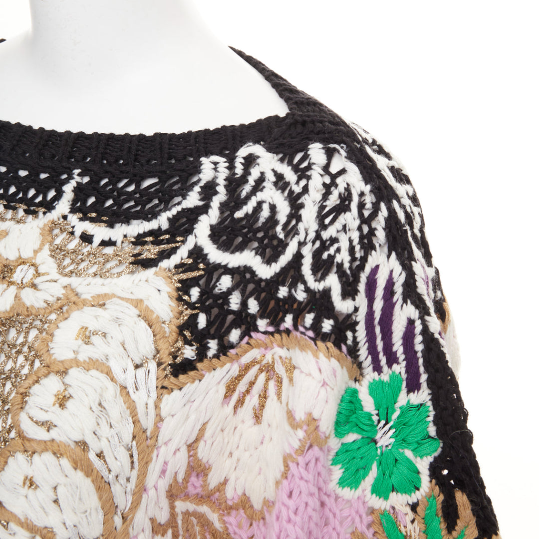 VALENTINO 2021 Runway black yellow cotton embroidered crochet poncho cape XS