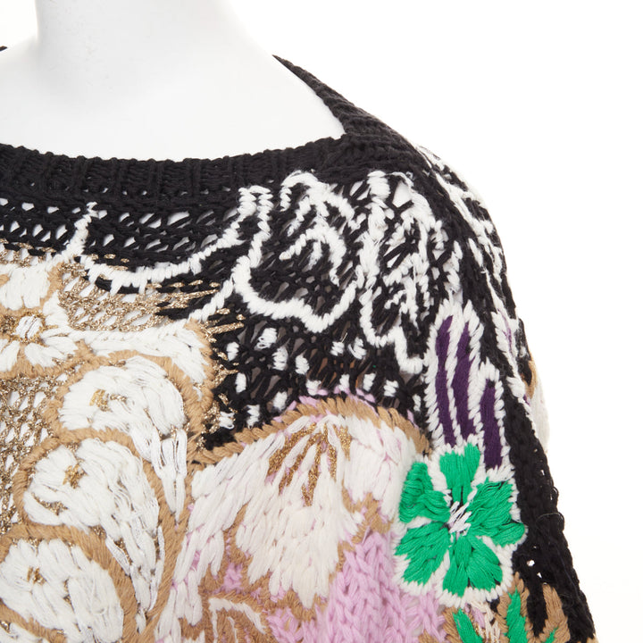 VALENTINO 2021 Runway black yellow cotton embroidered crochet poncho cape XS