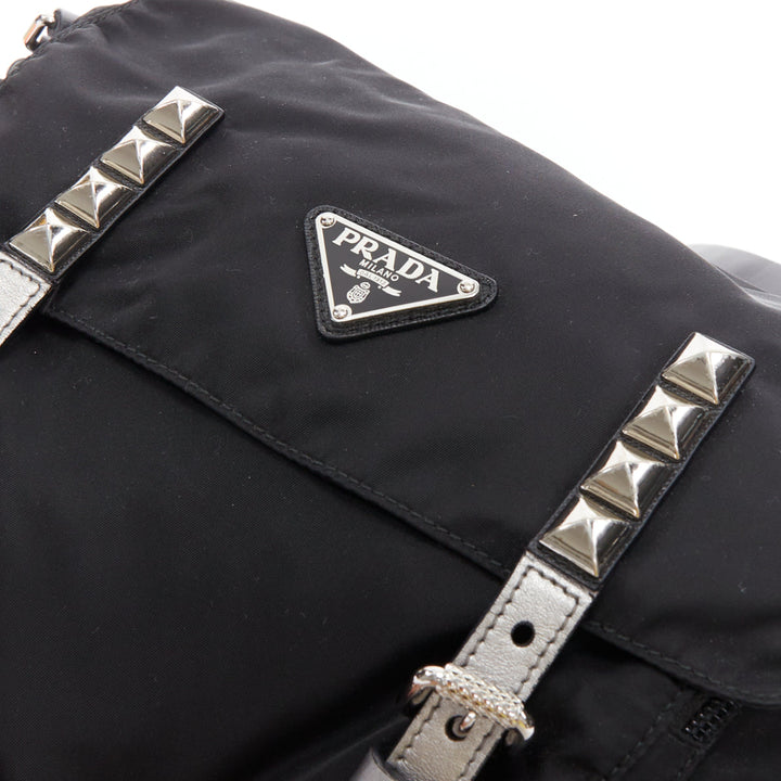 rare PRADA Vela black nylon silver punk studs straps logo plate crossbody bag