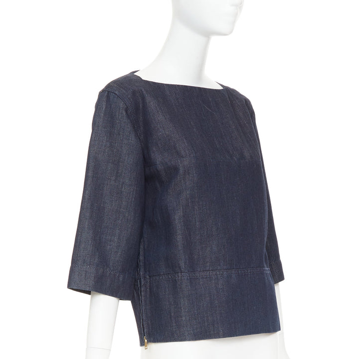 MARNI indigo denim cotton linen square bateau neck zipper boxy top IT38 XS