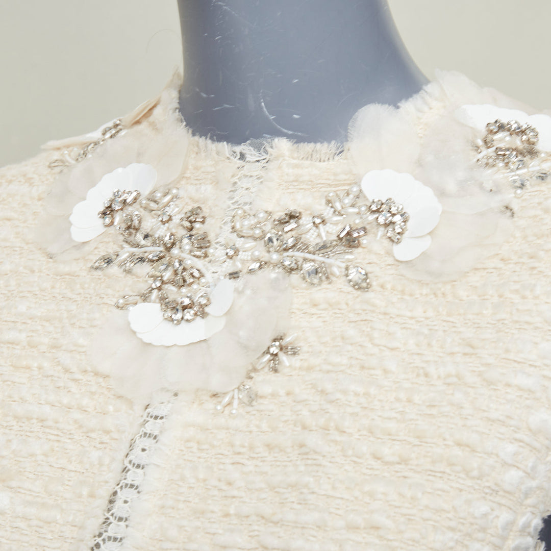 GIAMBATTISTA VALLI 2018 crystal embroidered neck ivory tweed dress IT40 XS