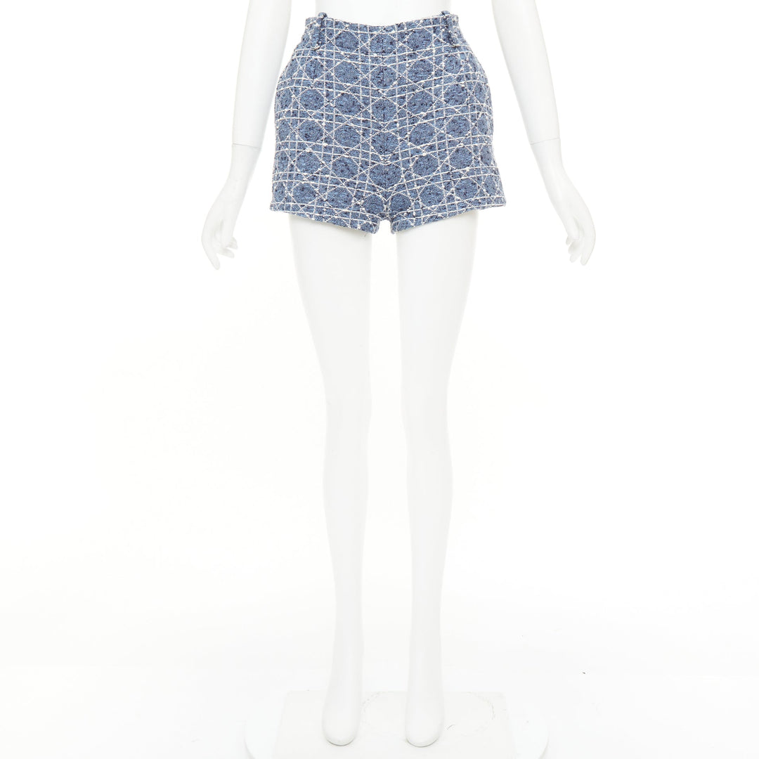 DIOR 2025 Macrocannage sky blue white cotton blend tweed woven shorts FR34 XS