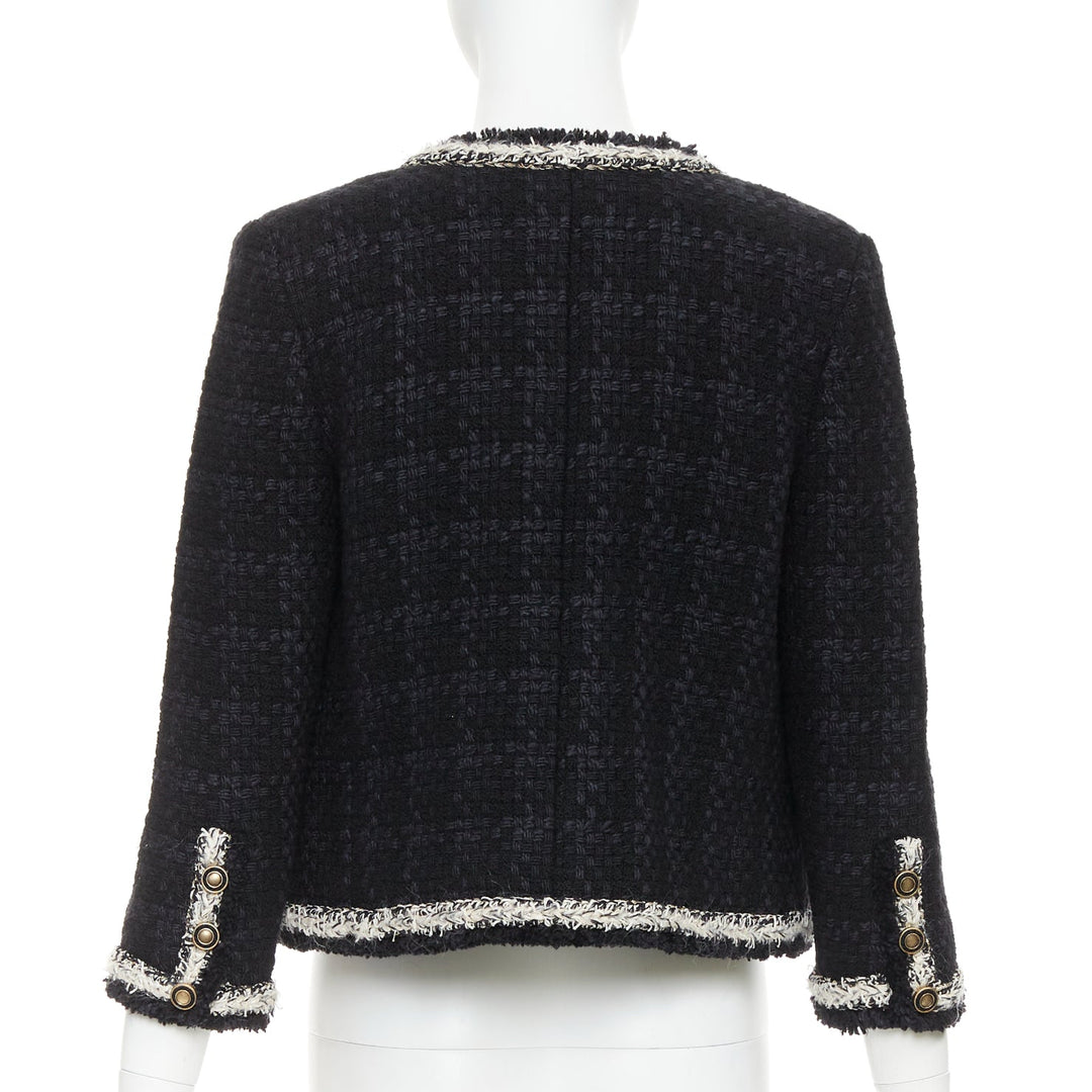 SAINT LAURENT 2021 navy wool silk tweed silver chain braided trim jacket FR38 M