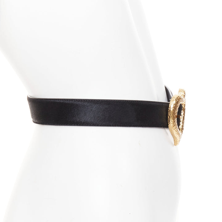 SAINT LAURENT gold tone hammered heart buckle black calf hair belt 80cm