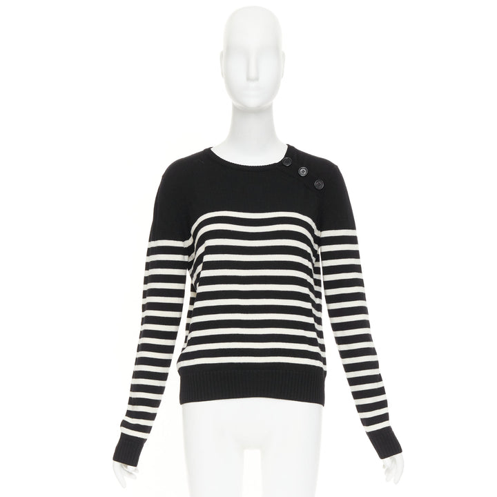 SAINT LAURENT 2017 black white nautical striped button sailor pullover sweater L