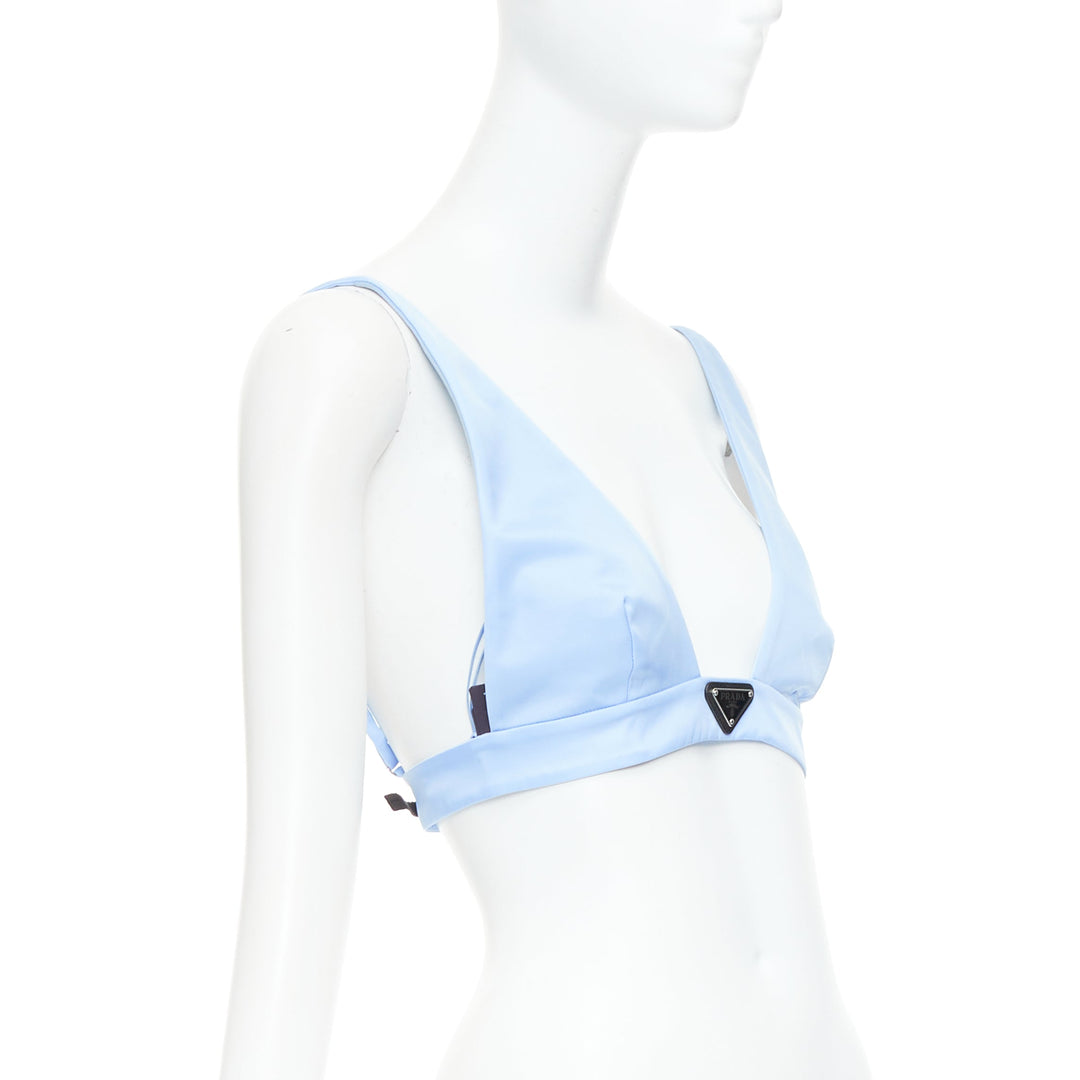 PRADA Re-Nylon light blue triangle logo plunge crop top bustier bralette IT38 XS