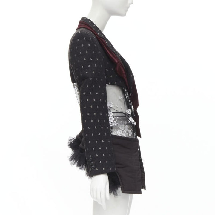 Female mannequin wearing Comme Des Garcons by Rei Kawakubo Black hacquard mesh floral blazer Runway Black Cotton Women Coat in Size  S | Available at JHROP