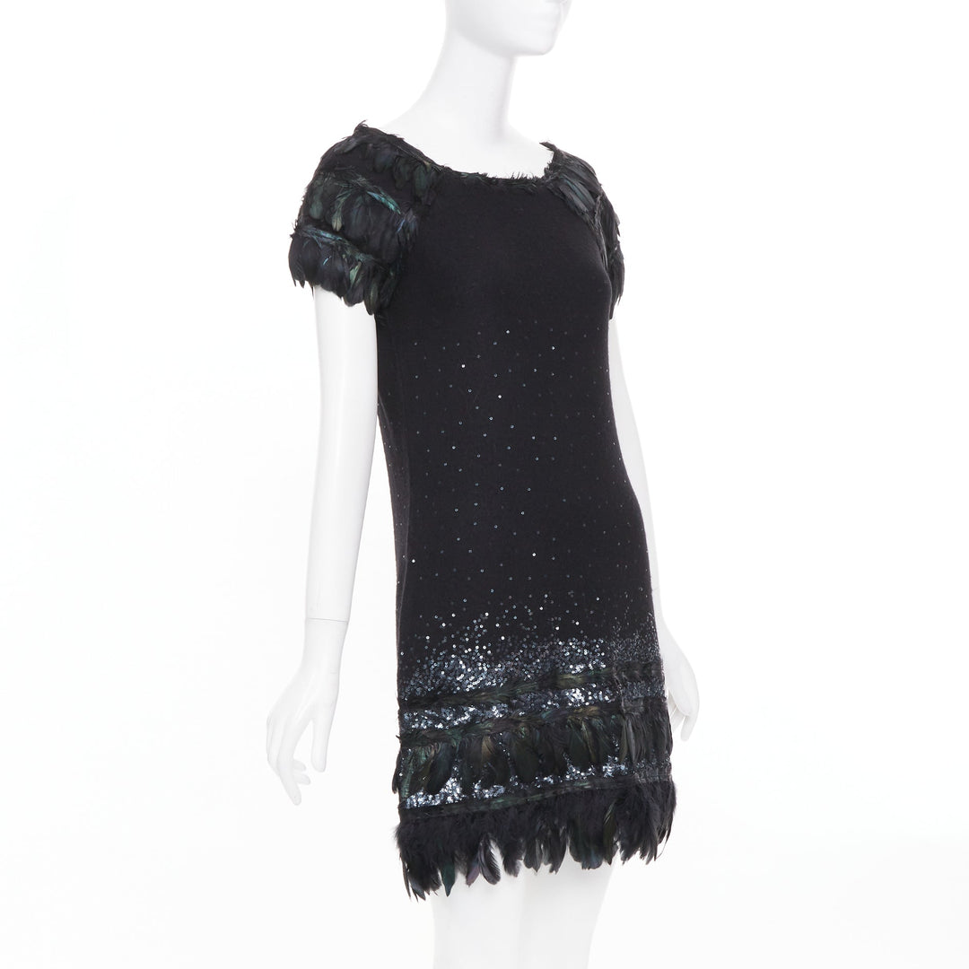 DIANE VON FURSTENBERG black wool iridescent sequin feather hem mini dress S