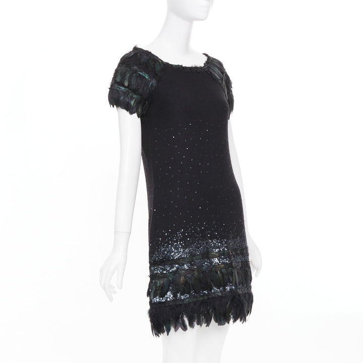 DIANE VON FURSTENBERG black wool iridescent sequin feather hem mini dress S
