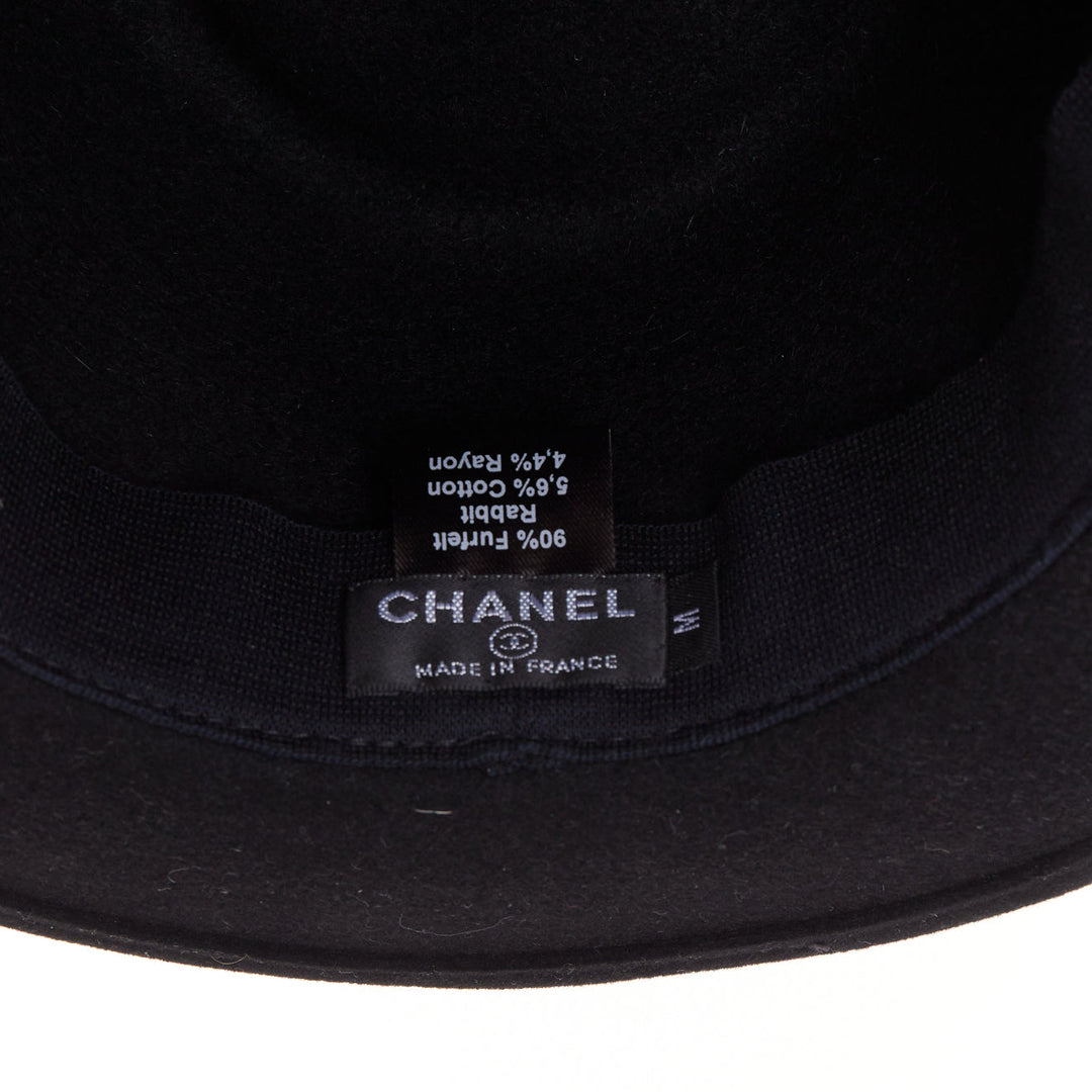 CHANEL 2011 black rabbit felt  navy ribbon trim CC logo fedora hat M