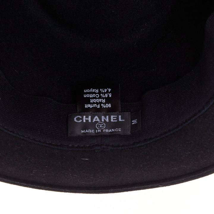 CHANEL 2011 black rabbit felt  navy ribbon trim CC logo fedora hat M