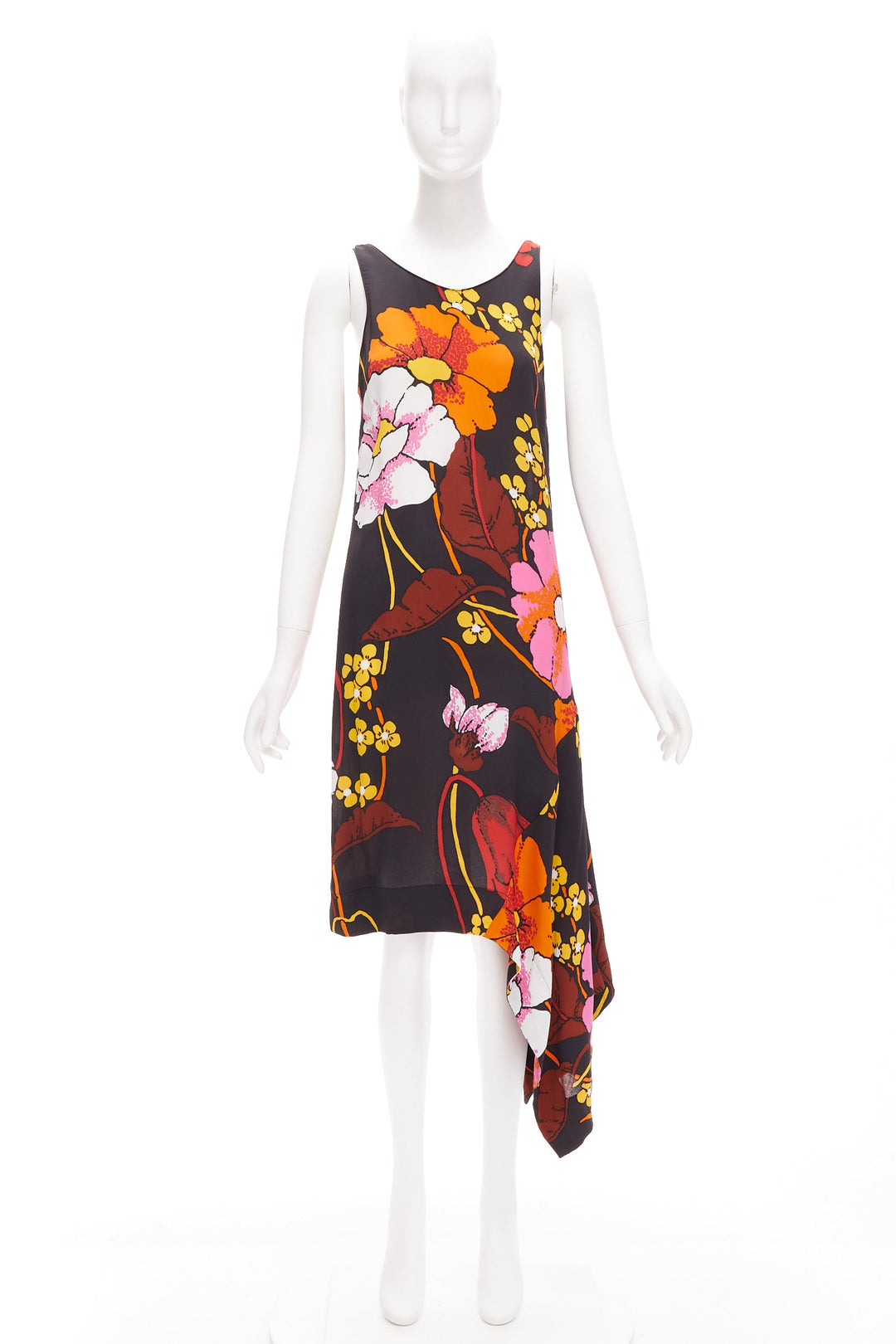MARNI black oversied floral print drape handkerchief hem sleeveless dress IT42 M