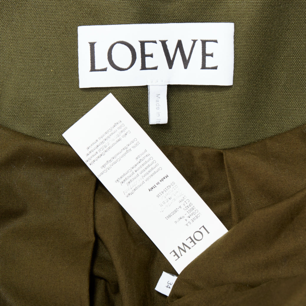 LOEWE khaki green cotton tweed collar bow neck swing coat FR34 XS