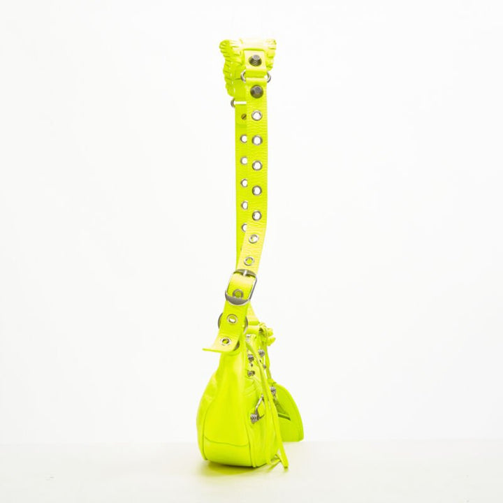 BALENCIAGA DEMNA LE Cagole XS neon yellow silver stud crossbody Motocross bag