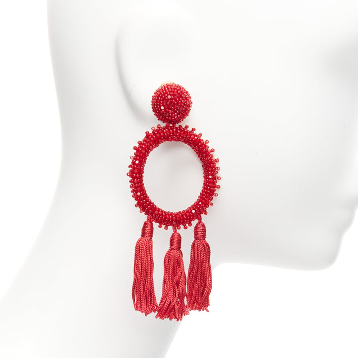 OSCAR DE LA RENTA red beaded tassel fringe circle hoop clip on earrings pair