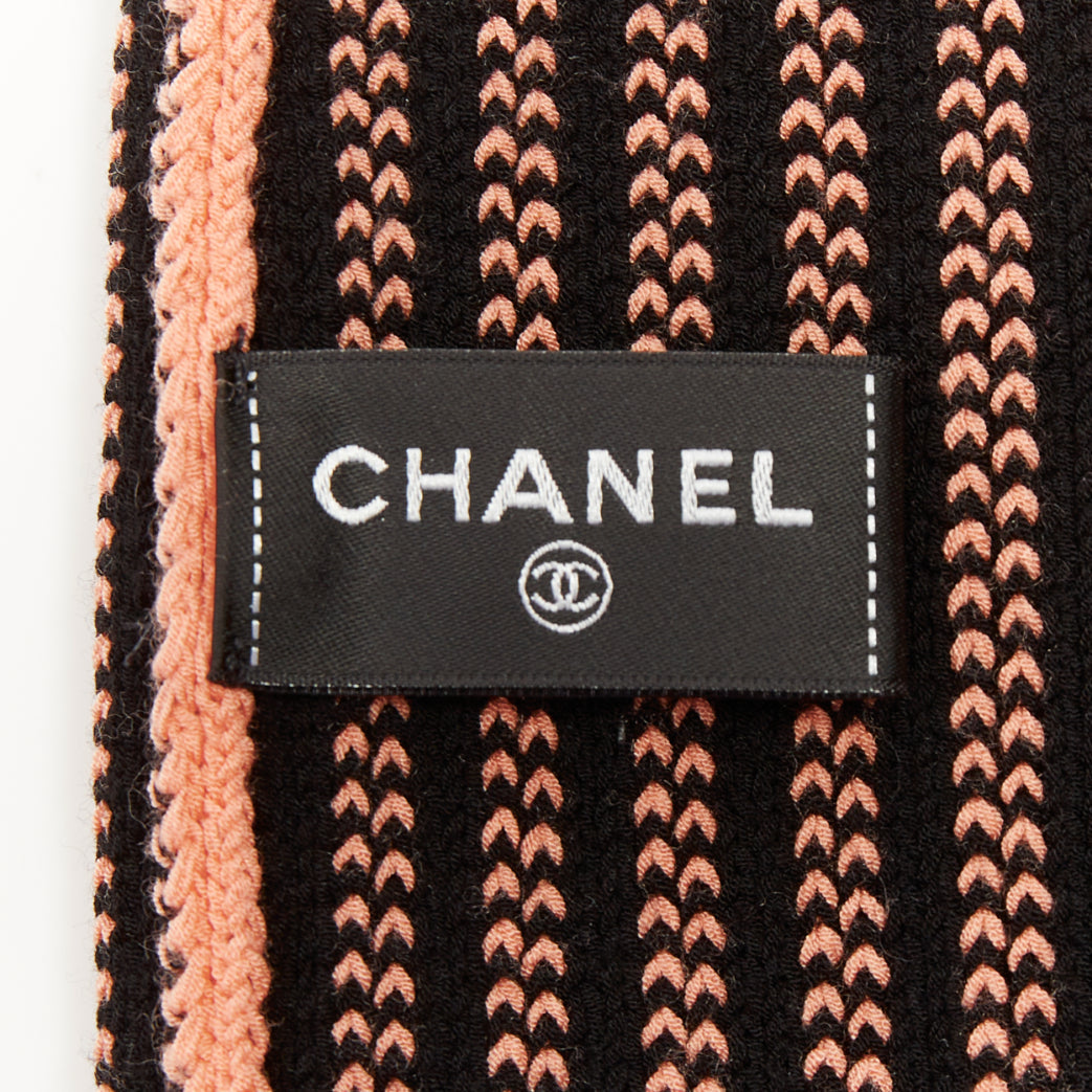 CHANEL 24C Runway CC logo pink black ribbed knit striped trim leg warmers OS