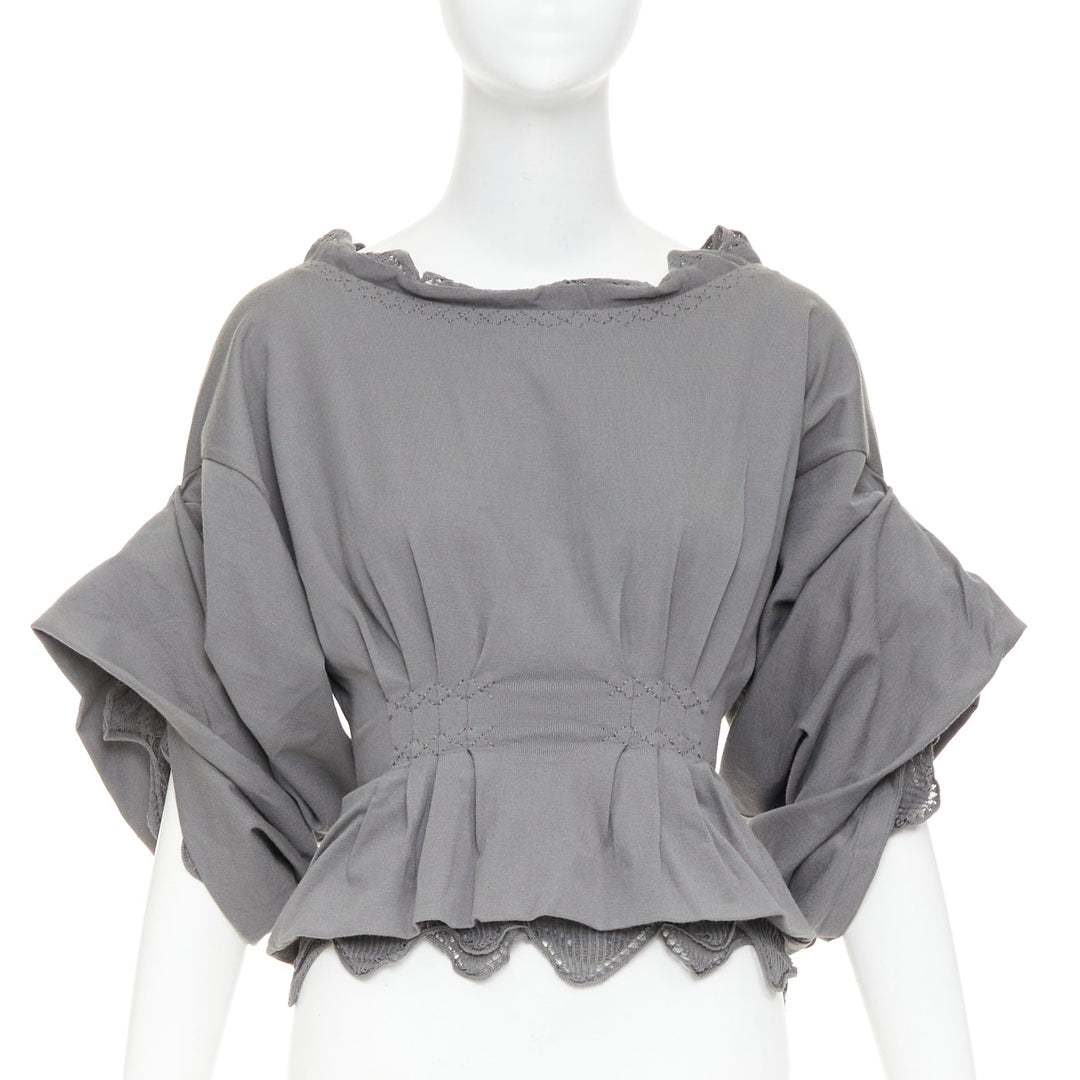 YVES SAINT LAURENT Stefano Pilati grey mesh ruffle ruched smocked peplum top M